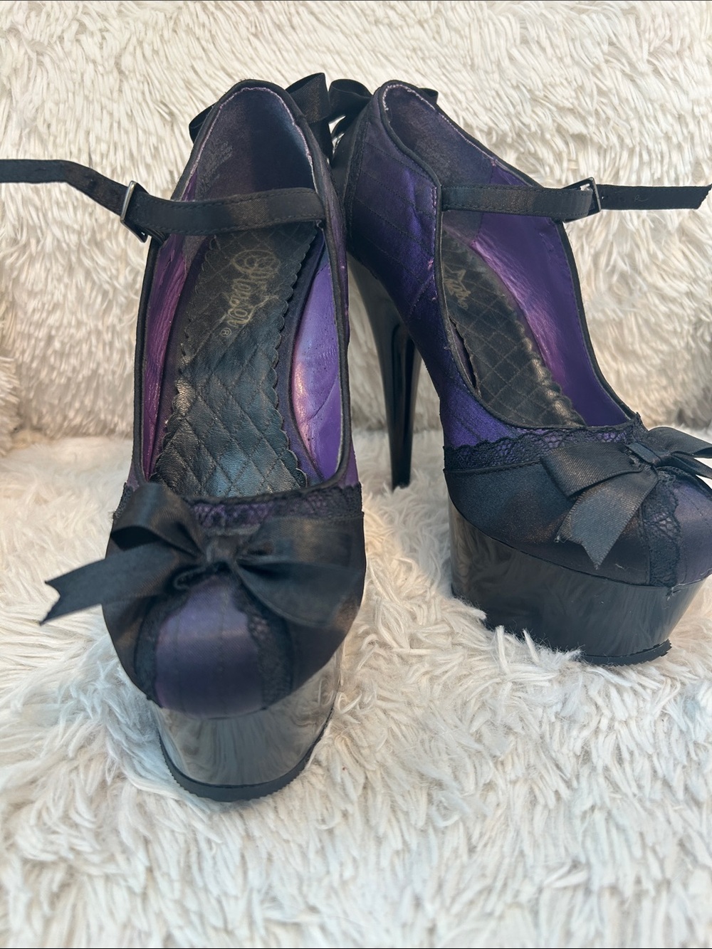 Pleaser Satin Purple and Black Platform Mary Jane 7 inch Heels with Bow